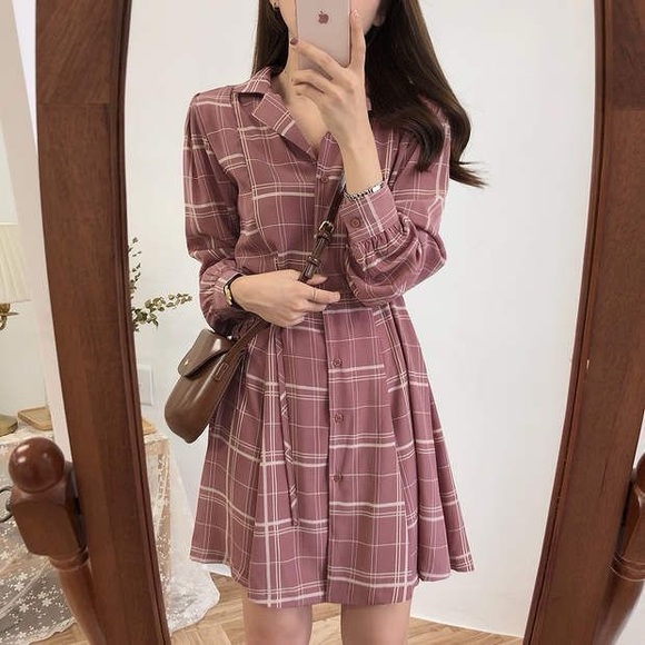 Long-Sleeve Plaid Mini A-Line Shirtdress - Picture 2 of 10